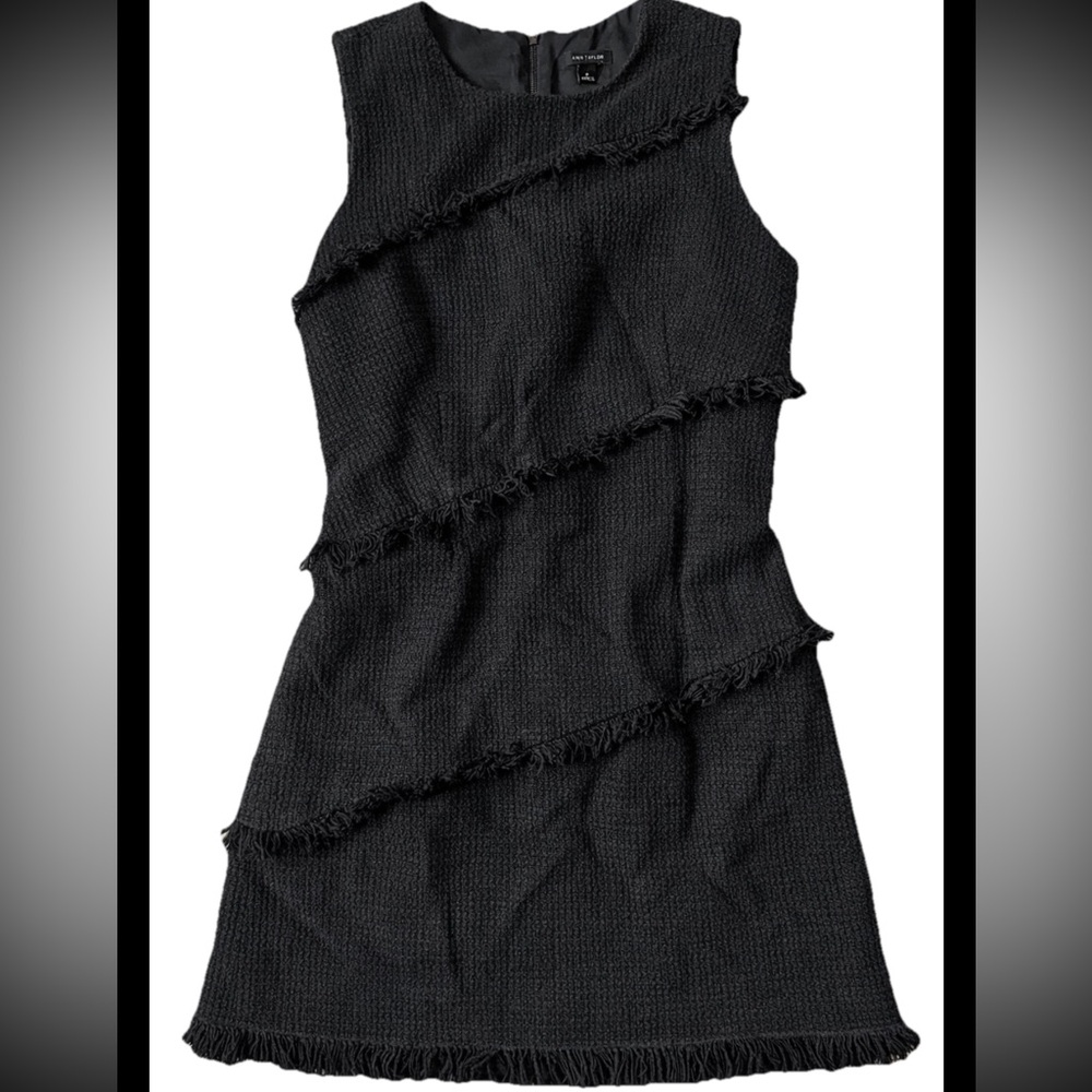 Ann Taylor Black Tweed Fringe Sheath Dress Size 6 Textured LBD Cocktail Work